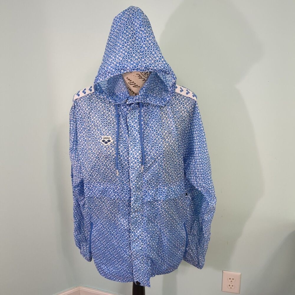 Arena Hooded Windbreaker men's small blue white jacket